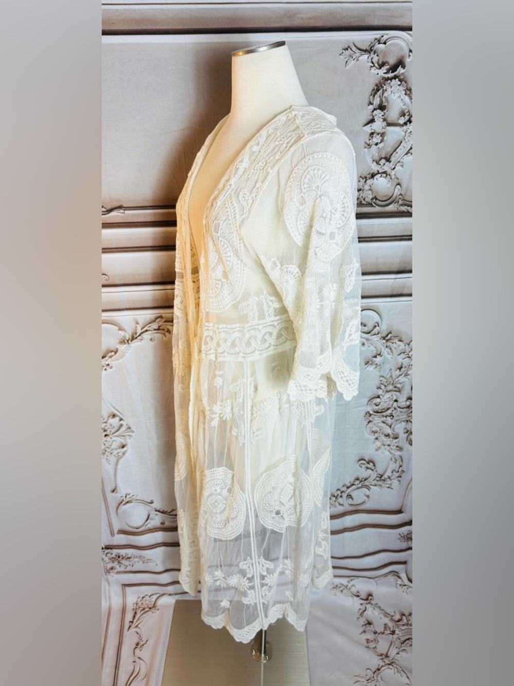Rebellion Sheer White Embroidered Lace Long Cardigan - Picture 5 of 9